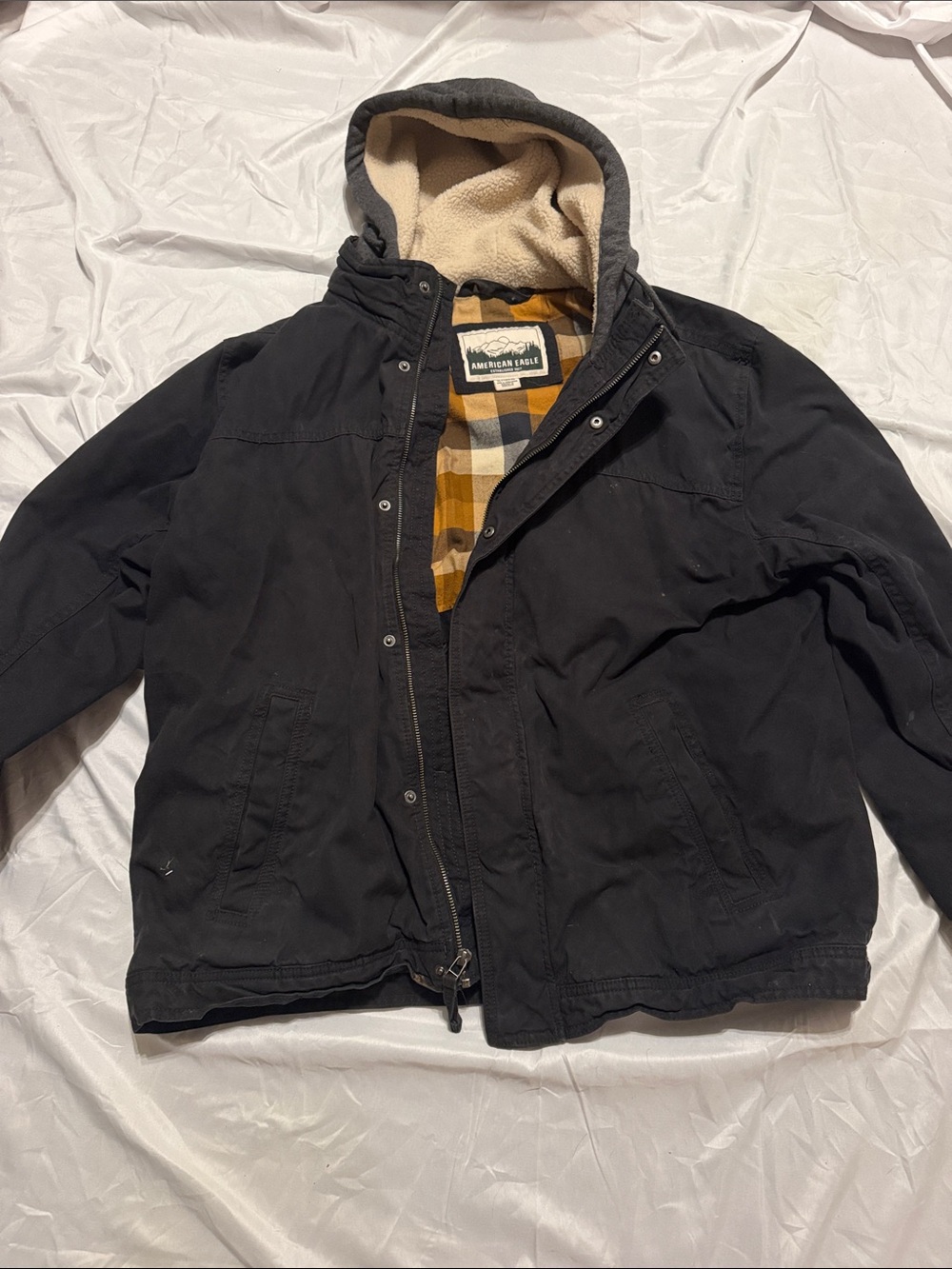 American Eagle Outfitters Black Hooded Field Jacket with Plaid Lining